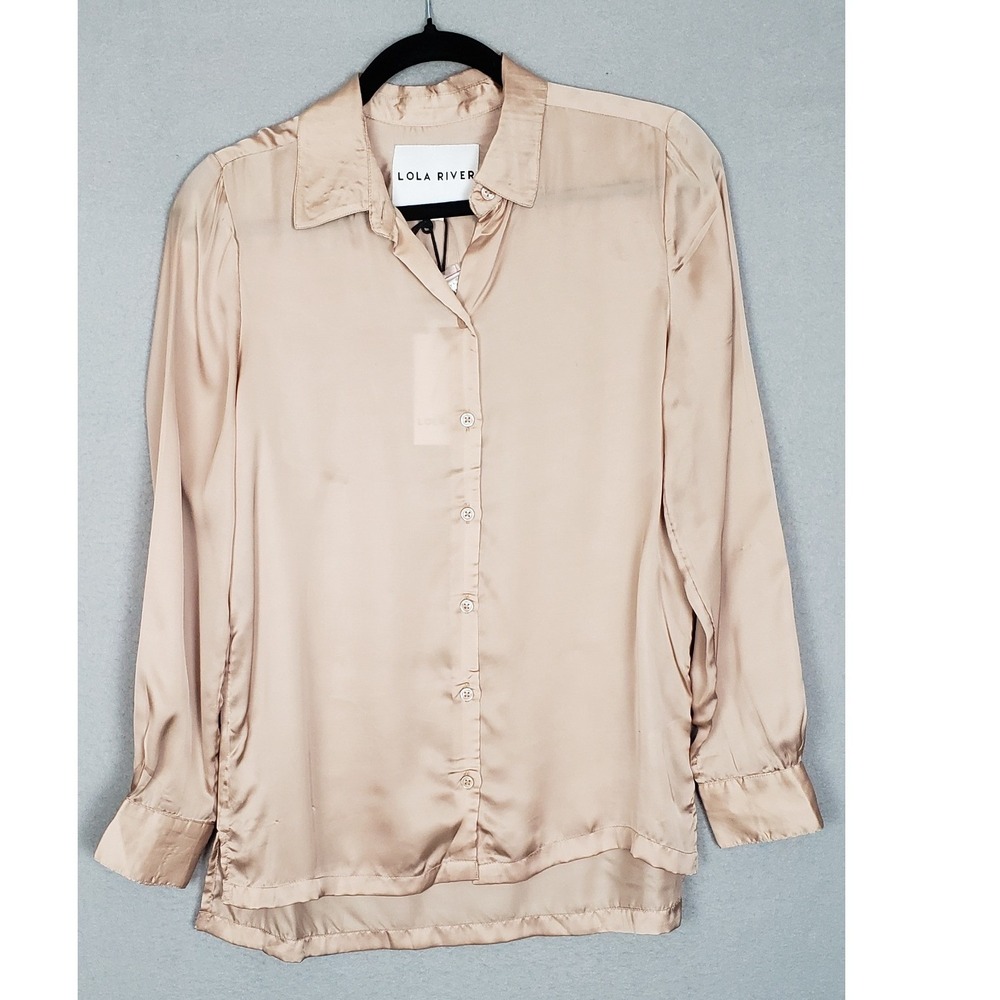 Lola River Satin Button Up Beige Cream Vegan Silk Minimalist Chic Preppy Size XS